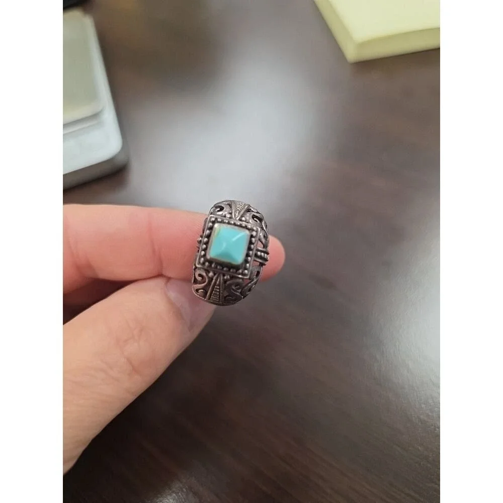 Vintage Native American Sterling Silver Inlaid Turquoise Coral Ring Size‎ 7